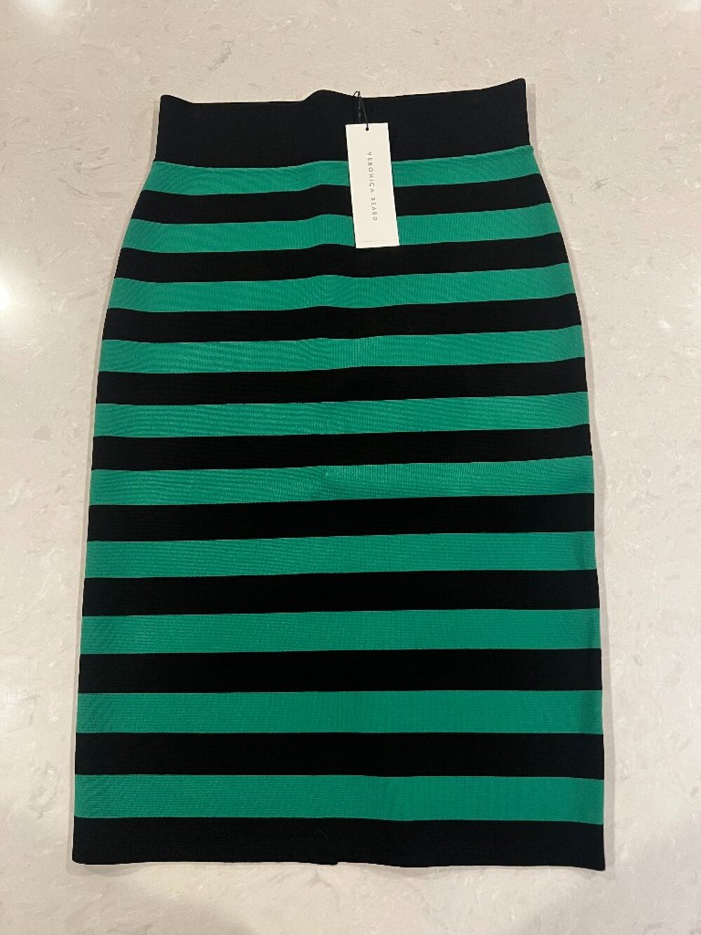 Veronica Beard Baker Skirt Green Black Striped Knit Midi Size L NWT